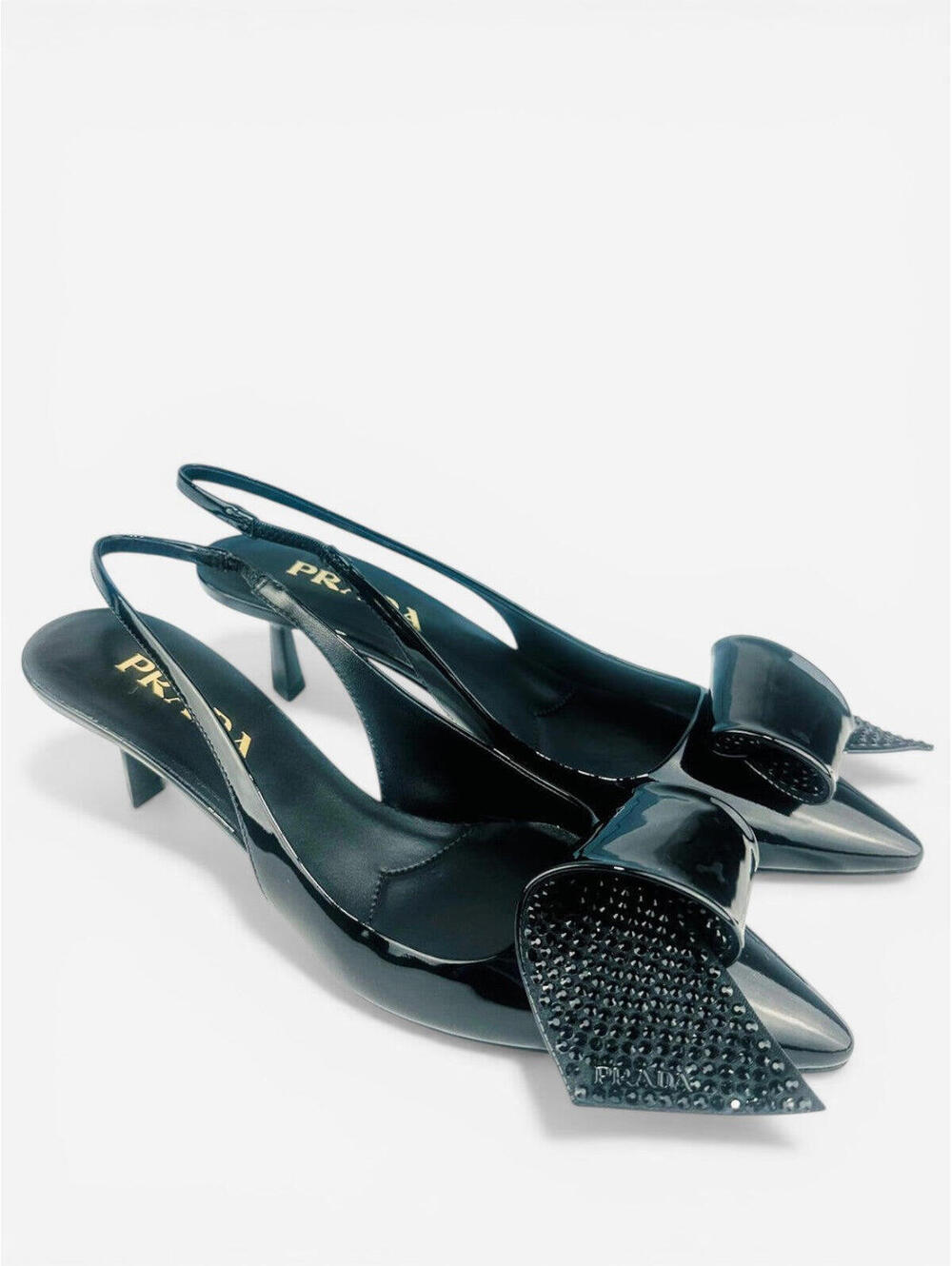 Prada Black Patent Leather Logo Bow Kitten Heel Slingback EU 36.5 | NIB - Picture 4 of 8